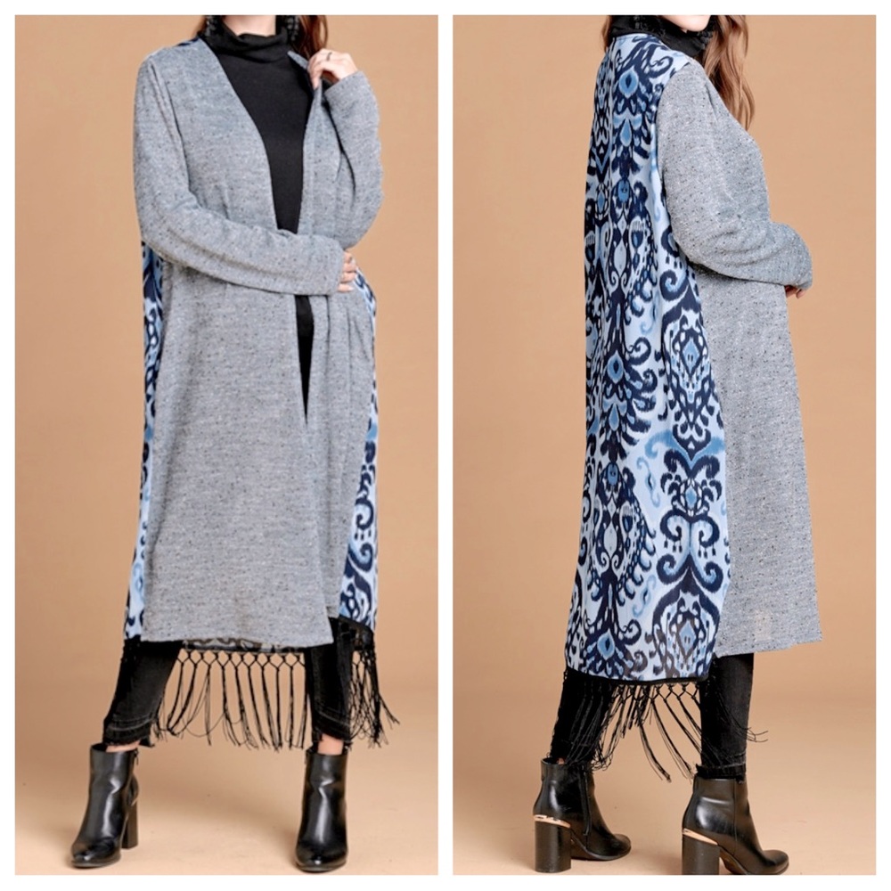 NWT***Long Chic Boho Fringed Hem Cardigan With Pockets